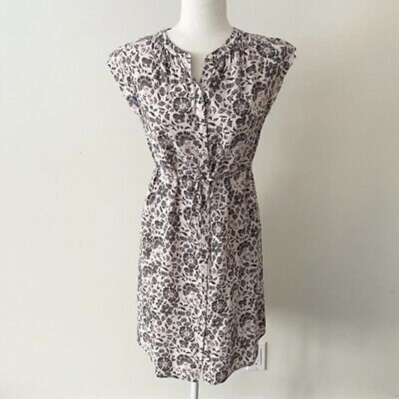 LOFT | Floral Shirtdress, Button Down Tie Waist Cap Sleeve, Pink & Blue - Picture 2 of 14